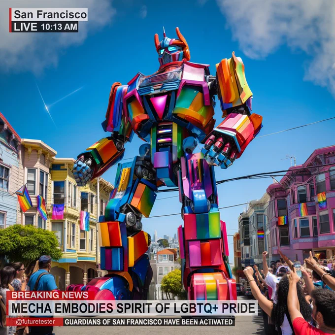 A vibrant and colorful mecha robot stands tall on the streets of San Francisco, with its design and palette inspired by the LGBTQ  pride flag. It is towering above a crowd of people, some of whom are holding up pride flags, suggesting celebration and support. The image is captioned with 'BREAKING NEWS: MECHA EMBODIES SPIRIT OF LGBTQ  PRIDE' 