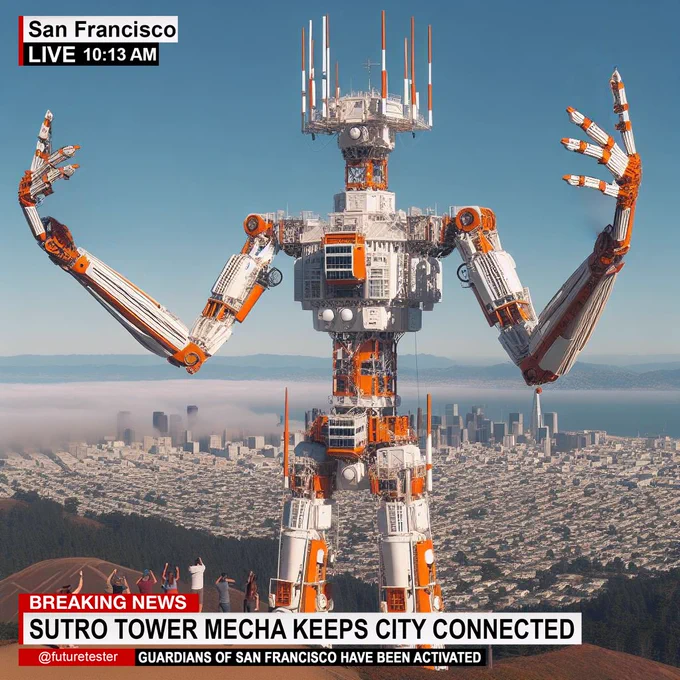 A creative rendering showing Sutro Tower, a prominent San Francisco landmark, reimagined as a giant robot or mecha. The structure is designed with intricate detail, emulating a humanoid form with articulated arms and hands composed of elements that resemble broadcasting equipment. It stands tall over the cityscape. The text highlights 'BREAKING NEWS: SUTRO TOWER MECHA KEEPS CITY CONNECTED' 