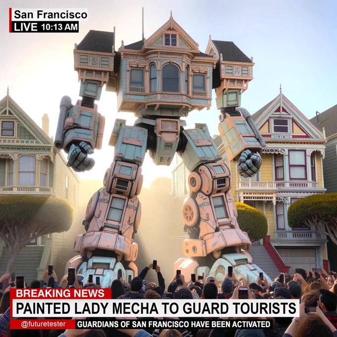 An imaginative scene where one of San Francisco's iconic Painted Lady Victorian houses is transformed into a giant mecha. The mech, with its intricate Victorian architectural details, towers over a street lined with similarly styled houses, as a crowd of onlookers gather, some with their phones out to capture the moment. The text reads 'BREAKING NEWS: PAINTED LADY MECHA TO GUARD TOURISTS.'