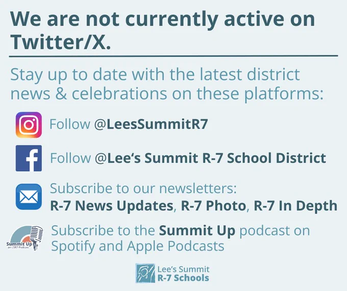 Blue text that reads: "We are not currently active on Twitter/X. Stay up to date with the latest district news & celebrations on these platforms."