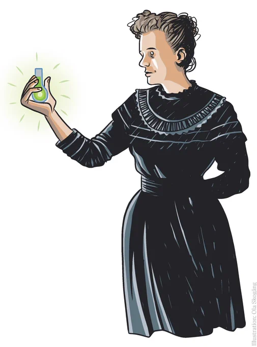 Cartoon illustration of Marie Skłodowska Curie. She is wearing a black dress and holding a laboratory glassware. 