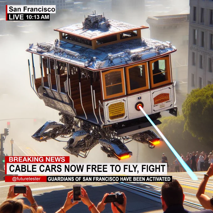 An imaginative depiction of San Francisco's iconic cable car transformed into a flying mech, hovering above the streets with robotic appendages and a visible jet propulsion beam at the rear. The text overlay reads 'BREAKING NEWS: CABLE CARS NOW FREE TO FLY, FIGHT,' and a timestamp indicates 'LIVE 10:13 AM.' There's also a mention of 'GUARDIANS OF SAN FRANCISCO HAVE BEEN ACTIVATED' 