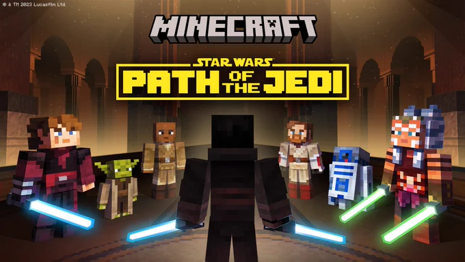 The silhouette of a Minecraft player wielding two blue lightsabers. They are surrounded by Anakin Skywalker, Yoda, Mace Windu, Obi-Wan Kenobi, R2-D2, and Ahsoka Tano. Above them are logos reading: Minecraft Star Wars: Path of the Jedi.