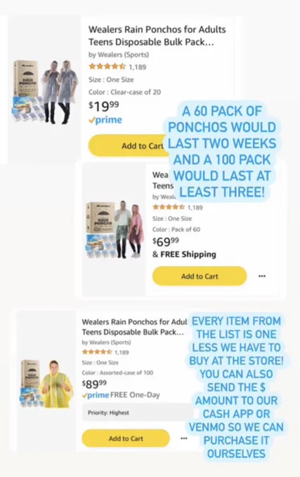 Screenshot of Amazon list with three boxes of rain ponchos. One 100 count for $89.99, one 60 count for $69.99, and one 20 count for $19.99. Blue text bubbles read “A 60 pack of ponchos would last two weeks and a 100 pack would last at least three! Every item from the list is one less we have to buy at the store! You can also send the dollar amount to our cash app or Venmo so we can purchase it ourselves”