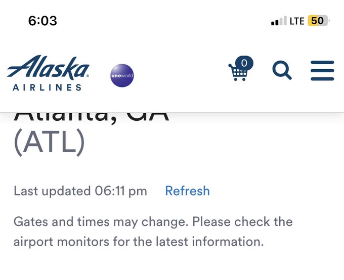 Screenshot of an Alaska Airlines flight status screen. It says “last updates: 06:11 pm.” My phone’s clock at the top of the screenshot reads 6:03.