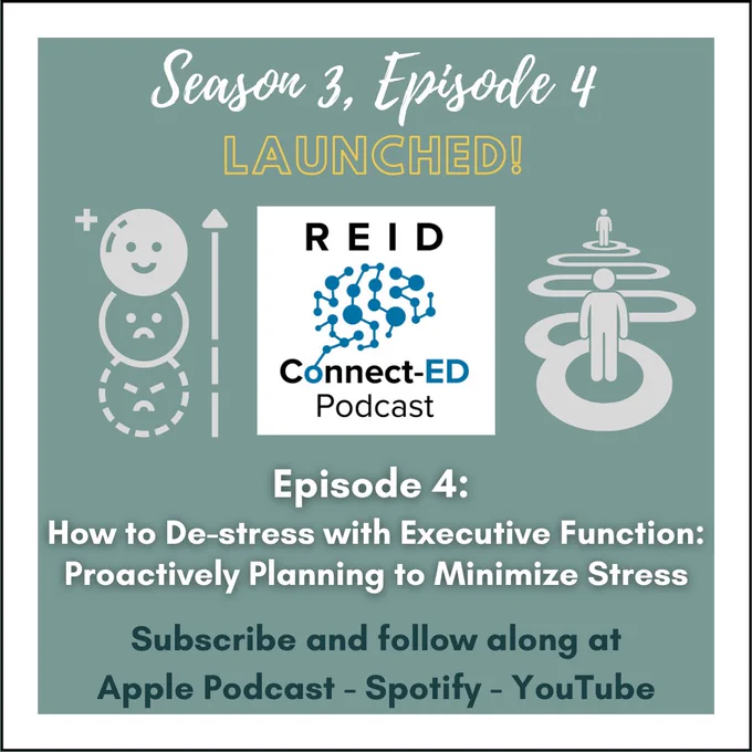 Text: Season 3, Episode 4 Launched! 
Image of frustrated to smiling faces, Reid Connected podcast logo, and image of winding pathways with two figures. 
Text: Episode 4: How to De-stress with Executive Function: Proactively Planning to Minimize Stress
Subscribe and follow along at Apple Podcast-Spotify-YouTube