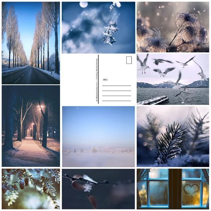 10 verschiedene Winterpostkarten mit Schnee-, Eis-, Tier- und Lichtermotiven als Set.