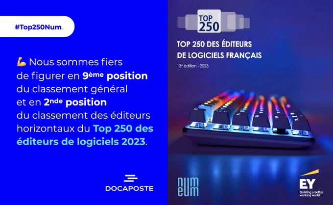 Nous sommes fiers d'annoncer que Docaposte est 9ème au classement général du Top 250 des éditeurs de logiciels français 2023, et 2nd du Top des éditeurs horizontaux.

Ce classement présenté par numeum et EY, confirme ainsi la position de Docaposte en tant que référent de la confiance numérique en France auprès de toutes les organisations.