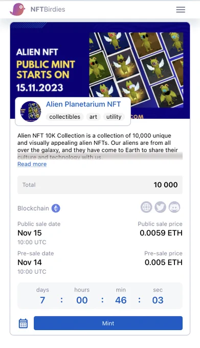📢 Calling all Our NFT Community members and all bird enthusiast👽🐦
🌐Link:
https://nftbirdies.com/drops/filter/?blockchain=Ethereum&tag=utility

I'm thrilled to announce that my Our AlienPlanetariumNFT has been featured in the NFT Bird Calendar, a unique and innovative project showcasing the beauty of our avian friends through the power of non-fungible tokens.

Being included in the NFT Bird Calendar is a tremendous honor, and I'm incredibly grateful for the opportunity to share my work with a wider audience. The calendar is a fantastic platform for connecting bird lovers and NFT enthusiasts, and I encourage you to check it out and discover the incredible artwork on display.
#Nft #nfts #NFTCommunity #NFTCommunity #nftpromotion #NFTCommunity #nftcollectors #nftart #digitalart #cryptoart #NFTartist #DigitalArtist #cryptoartist #NFTGiveaway #NFTMarketplace #NFTdrop #nftauction #nftcollectibles #BlockchainArt #DigitalCollectibles #DigitalAssets #nftnews #Crypto #cryptocurrency #ethereum