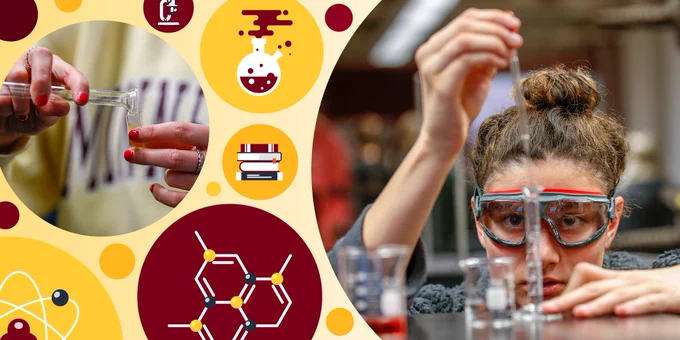 A collage image with photographs of students and maroon and gold chemistry graphics.