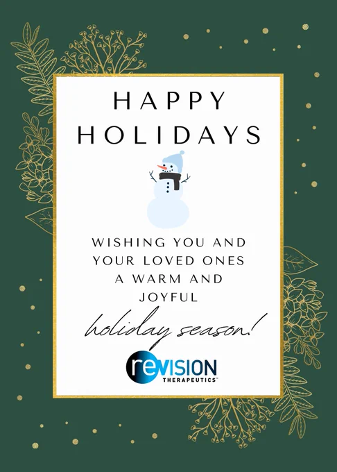 On an evergreen-colored background surrounded by gold plants, dots, and a gold border, on a white center with a snowman, the text says, “Happy Holidays. Wishing you and your loved ones a warm and joyful holiday season!”