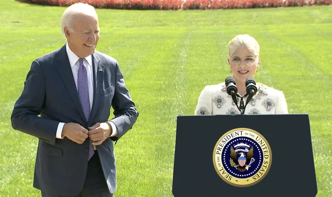 Selma Blair and President Biden on the White House lawn during the 50th anniversary of the Rehab Act celebration