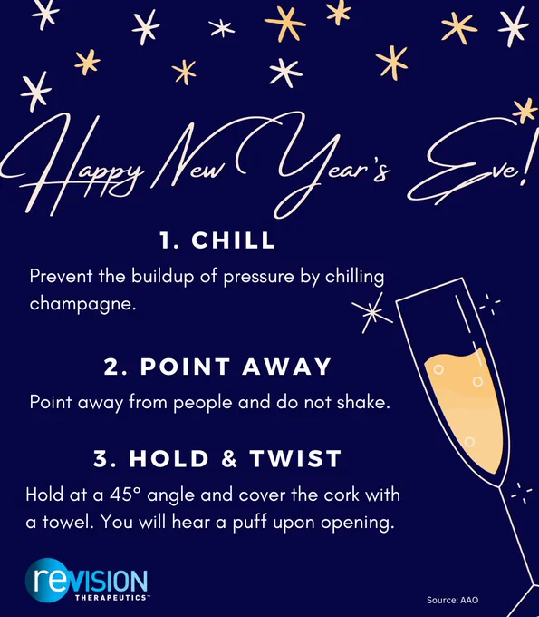 On a navy blue background, a champagne glass is on the right-hand lower corner, and stars border the top of the post. The text says, “Happy New Year's Eve. 1. Chill the champagne to prevent the buildup of pressure. 2. Point the top of the champagne bottle away from people. 3. Cover the champagne top with a towel, hold the bottle at a 45-degree angle, and twist. You will hear a puff rather than a pop upon opening.”