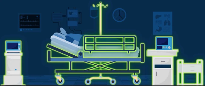 A drawing of a hospital room with a bed and monitors in it, which are highlighted in a florescent green colour.