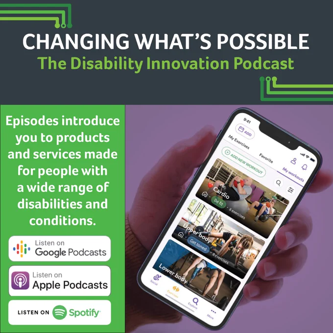 a photo of a hand holding a smartphone with the Accessercise app open. Text appears to the left, ""Episodes introduce you to products and services made for people with a wide range of disabilities and conditions."
