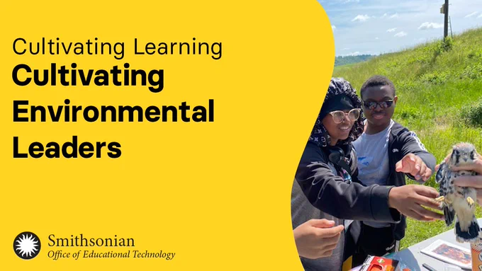 YouTube thumbnail for an upcoming webinar that reads Cultivating Learning, Cultivating Environmental Leaders, overlaid on a photograph of students reaching out towards a peregrine falcon
