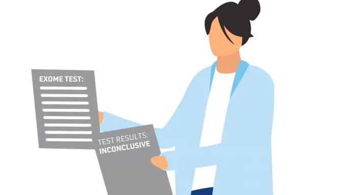 Illustrated person in blue shown holding two papers, one that reads, "EXOME TEST" and the other, "TEST RESULTS: INCONCLUSIVE."