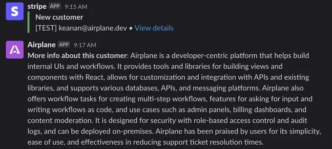 A screenshot showing a new customer notification in Stripe, with an AI-powered description of the customer below.