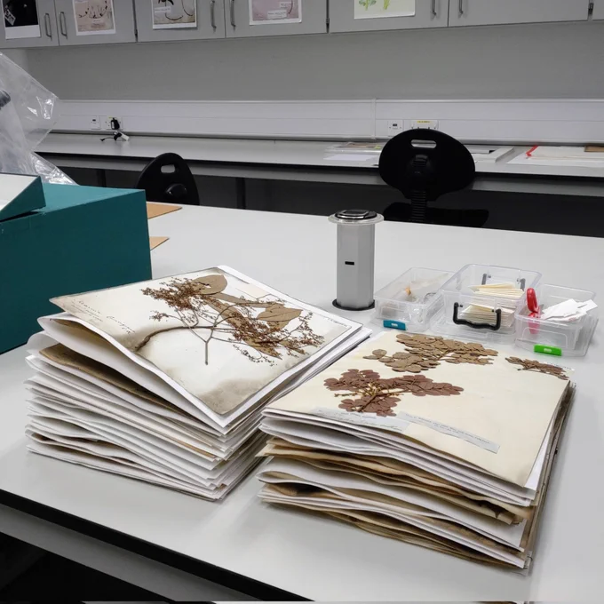 Two piles of herbarium specimens on a work bench.
