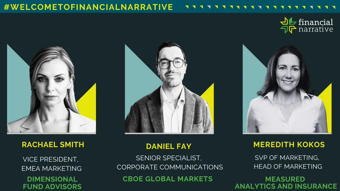 Rolling out the digital red carpet to #WelcomeToFinancialNarrative today’s trio of financial marcomms leaders: 
✨ Daniel Fay - Senior Specialist, Corporate Communications at CBOE Global Markets
✨ Meredith Kokos - SVP of Marketing, Head of Marketing at Measures Analytics and Insurance
✨ Rachael Smith - VP, EMEA Marketing at Dimensional Fund Advisors 

We’re thrilled to have you in our network of financial C-Suite storytellers!

To connect with your #FinancialNarrative peers, join the next #SpeedNetworking meeting on November 30 [ https://www.linkedin.com/events/7124801663692898304/comments/ ] focusing on goal setting and planning. 