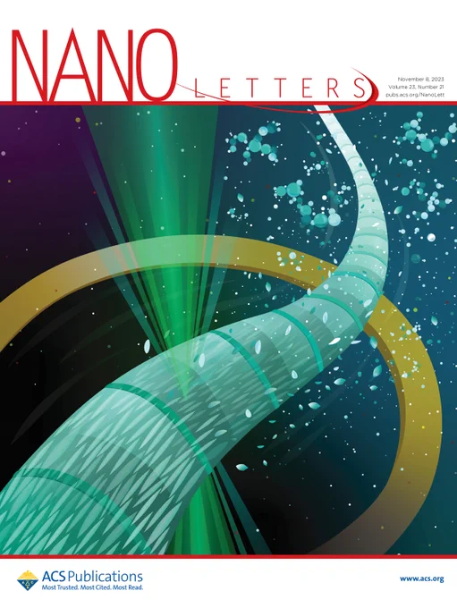 Cover art image from the journal Nano Letters featuring an abstract collagen fibril that is being pierced by an electron beam. The background appears space themed where mineral clusters and pieces around shown around and on the collagen fibril, mimetic of stars in the universe.