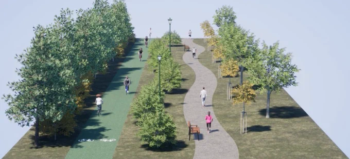 Visual of a linear park with separate cycle and walking paths, and lots of trees.