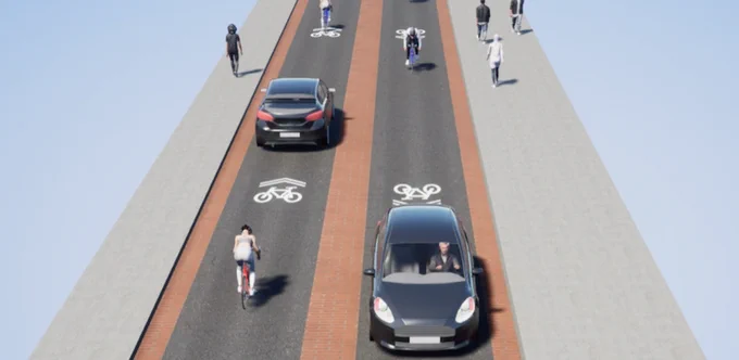 Visual of a cycle street where cyclists have priority and cars are guests.