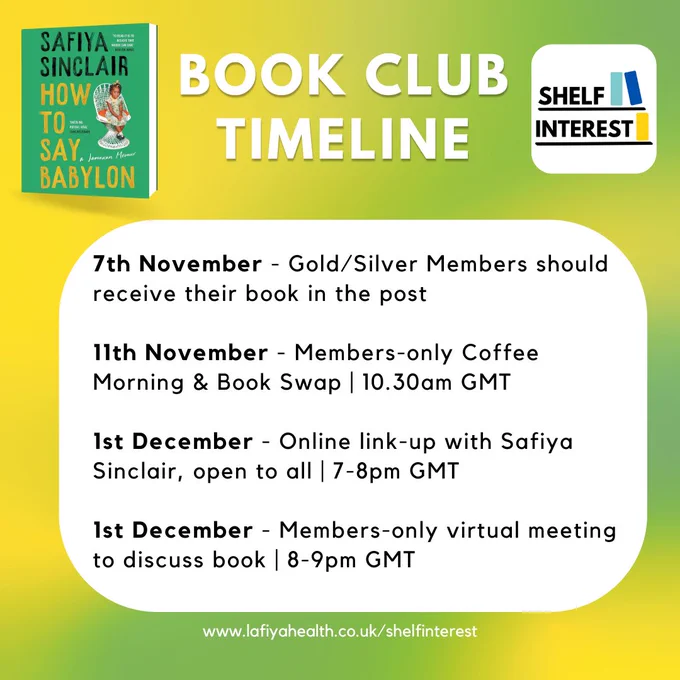 Book club timeline:

7th November - Gold/Silver Members should receive their book in the post

11th November - Members-only Coffee Morning & Book Swap | 10.30am GMT

1st December - Online link-up with Safiya Sinclair, open to all | 7-8pm GMT

1st December - Members-only virtual meeting to discuss book | 8-9pm GMT