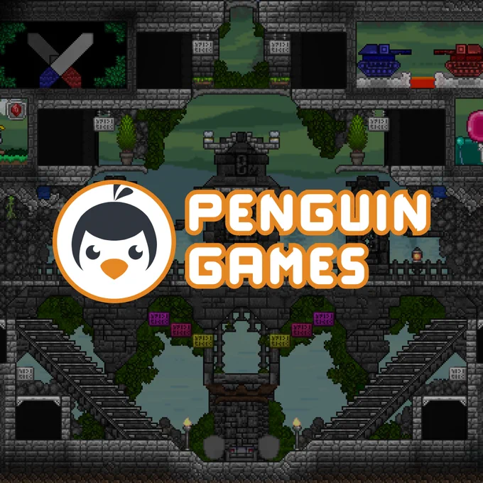 Screenshot of the main Penguin Games lobby with the Penguin Games logo overlaid over. The logo says "Penguin Games."