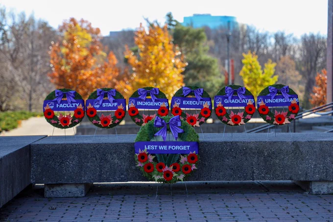 Seven wreaths honouring Remembrance Day. Labels read from left to right: Faculty, Staff, Indigenous, Lest We Forget, Executive, Graduate, Undergrad.