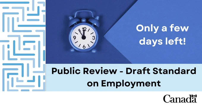 Blue alarm clock resting on a blue background. Text reads: “Only a few days left! Public Review – Draft Standard on Employment.”