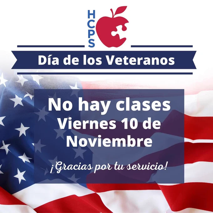 An image of text that says "Día de los Veteranos.No hay clasesViernes 10 de Noviembre¡Gracias por tu servicio!" The background image is an american flag.