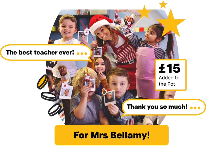 Teacher and 5 children holding pics
