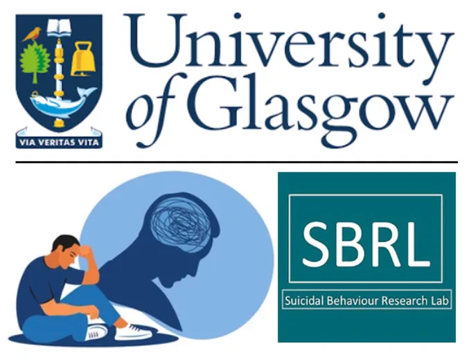 University of Glasgow emblem above, Suicide Behaviour Research Lab emblem below, next to a male cartoon