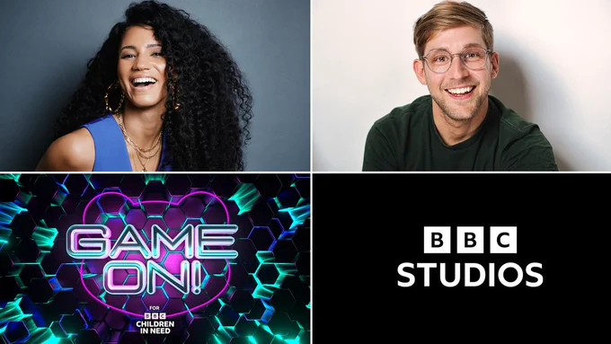 Combined image featuring Vick hope and Steffan Powell smiling at the camera in the top two blocks. The Game On! logo and the BBC Studios logo sit on the bottom blocks.