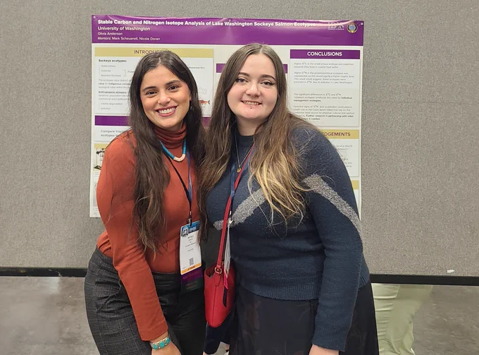 Nicole Doran and Olivia Anderson stand in front of Olivia's research poster