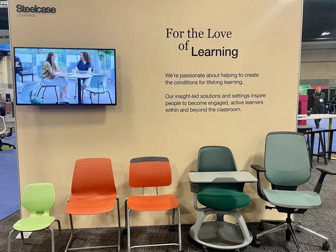 The Steelcase Learning display at the EdSpaces Educational Conference shows several Steecase chair models used in learning environments.