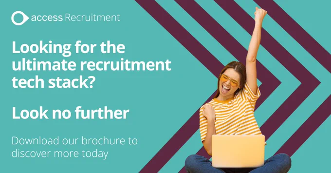 Text reads "Looking for the ultimate recruitment tech stack? Look no further. Download our brochure to discover more today" next to an image of a cheering, caucasian woman sat cross-legged with a yellow laptop on her lap.