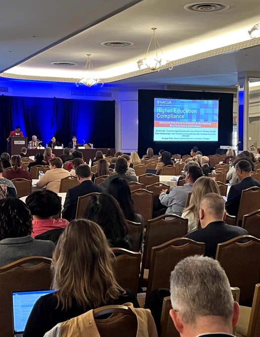 NACUA's Fall 2023 CLE Workshop in Washington, DC. The opening plenary session with welcome remarks by NACUA President & CEO Ona Alston Dosunmu. Plenary panelists are Peter McDonough, Sarah Luke, and Douglas Park.