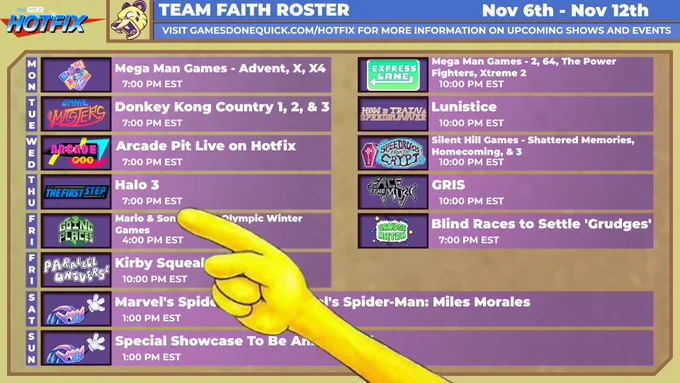 GDQ schedule for the week with Spongebob hand pointing to Halo 3, 7:00 PM EST on Thursday