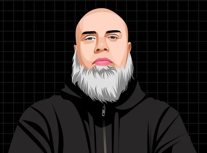 A bald man with a beard and black hoodie.
