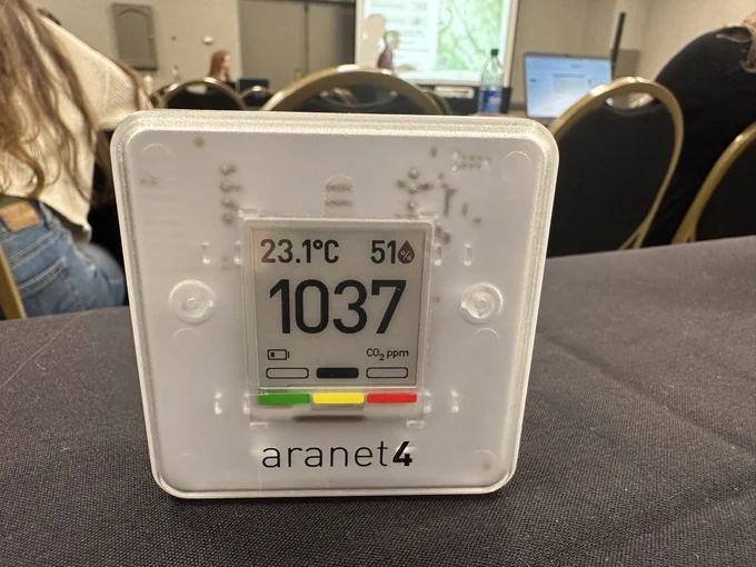 Carbon dioxide monitor reads 1037 ppm in yellow zone.