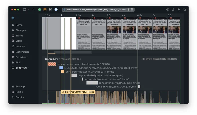 Browser Waterfall: SpeedCurve can go even deeper than Optimizely simply by distinguishing between first- and third-party scripts.