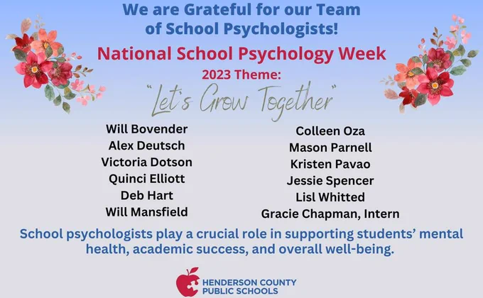 An image of text that says "We are grateful for our team of school psychologists! National School psychology week. 2023 theme: Let's grow together. Will Bovender, Alex Deutsch, Quinci Elliott, Deb Hart, Will Mansfield, Colleen Oza, Mason Parnell, Kristen Pavao, Jessie Spencer, Lisl Whitted, Gracie Chapman. School psychologist play a crucial role in supporting students' mental health, academic success, and overall well-being." There are two flower graphics.