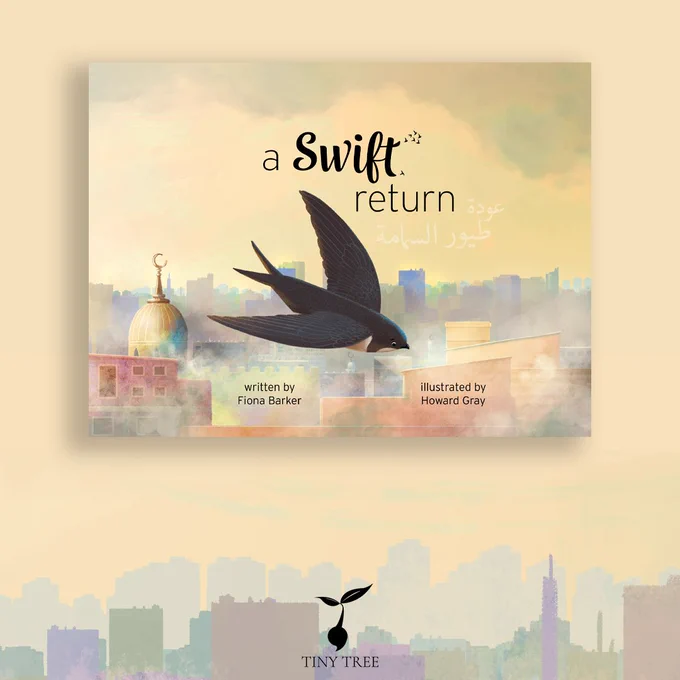 The cover of A Swift Return against a sand-coloured background over a multi-coloured cityscape.
