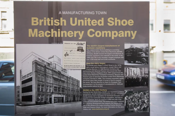 Heritage panel showing British United Shoe Machinery Company in Leicester