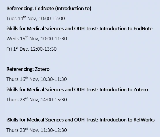 List of iSkills referencing workshops still available in Michaelmas term