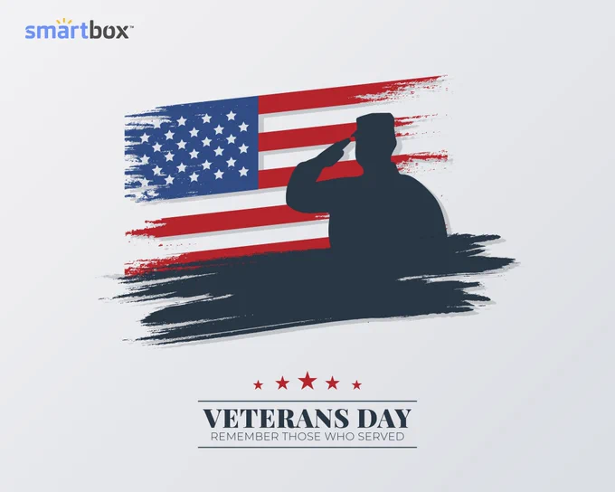 Silhouette of a US soldier standing in front of the US flag with text 'veteran's day'