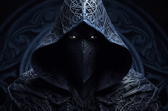 Cool midnight blue and gunmetal grey fractal patterns of a hooded assassin formed by recursive algorithms, illustrating self-similarity across scale --ar 3:2