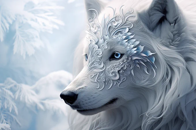 Cool ice blue and frost white fractal patterns of a winter wolf formed by recursive algorithms, illustrating self-similarity across scale --ar 3:2 --style raw